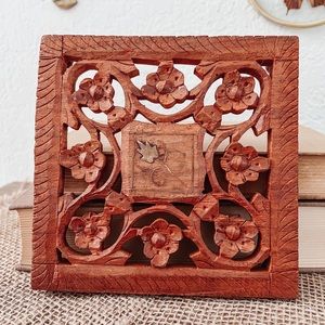Vintage Intricate Hand Carved Square Trivet with Gold Flower Inlay